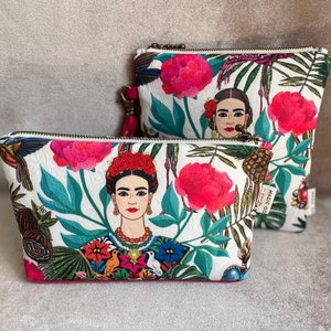 Kosmetiktäschchen | Schminktäschchen | Französische Damast Stoff | Viva la Vida | Mexikanische Frauen Blumen Porträt | Metallreißverschluss