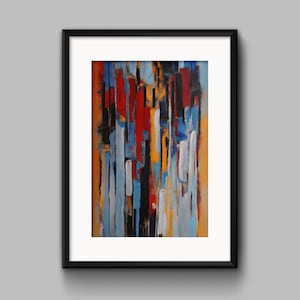 Puede incluir: Pintura abstracta con pinceladas verticales en tonos de azul, rojo, amarillo, negro y blanco. La pintura está enmarcada en un marco negro.