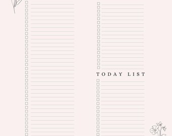 Pode incluir: Um bloco de notas rosa claro com listas "TO DO LIST" e "TODAY LIST" e ilustrações florais. O bloco de notas tem seções com linhas para escrever tarefas, com as palavras "TO DO LIST" e "TODAY LIST" em uma fonte serif. Inclui a conta do Instagram "@your_therapist_skye".