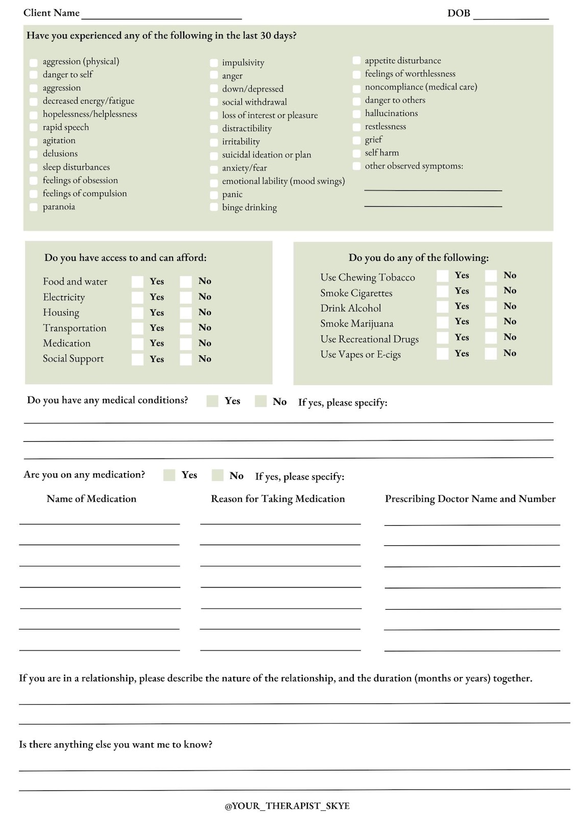 Counseling/behavioral Health Intake Form - Etsy