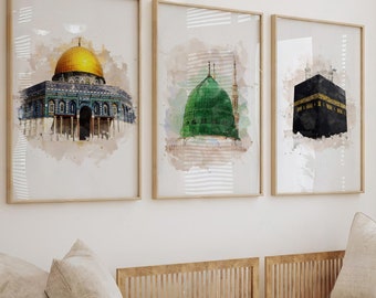 Islamic Wall Art Set | Kaaba Aqsa Nabawi Wall Art | Abstract Islamic Art | Modern Islamic Art | Islamic Prints | Muslim Home Decor