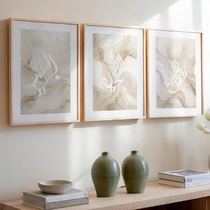 Set of 3 Islamic Canvas Prints – Bismillah, InshaAllah, Alhamdulillah – Abstract Beige Waves – Modern Muslim Wall Art – Islamic Decor