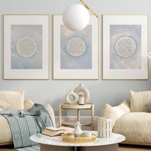 Set of 3 Islamic Calligraphy Art - Auatul Kursi Al Baqara 115 - Modern Beige & Blue Islamic Wall Decor - Abstract Muslim Home Art