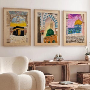 Set of 3 | Three Holy Mosques: The Kaaba, Masjid al-Nabawi, Masjid al-Aqsa | Abstract Islamic Art | Modern Islamic Decor | Islamic Painting