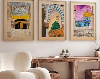 Holy Mosques Abstract Islamic Art Print Set | Kaaba, Nabawi, Aqsa