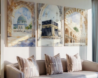 Islamic Wall Art Set of 3 Triptych, Kaaba Mecca Medina Dome of the Rock, Watercolor Canvas Prints, Modern Muslim Home Decor