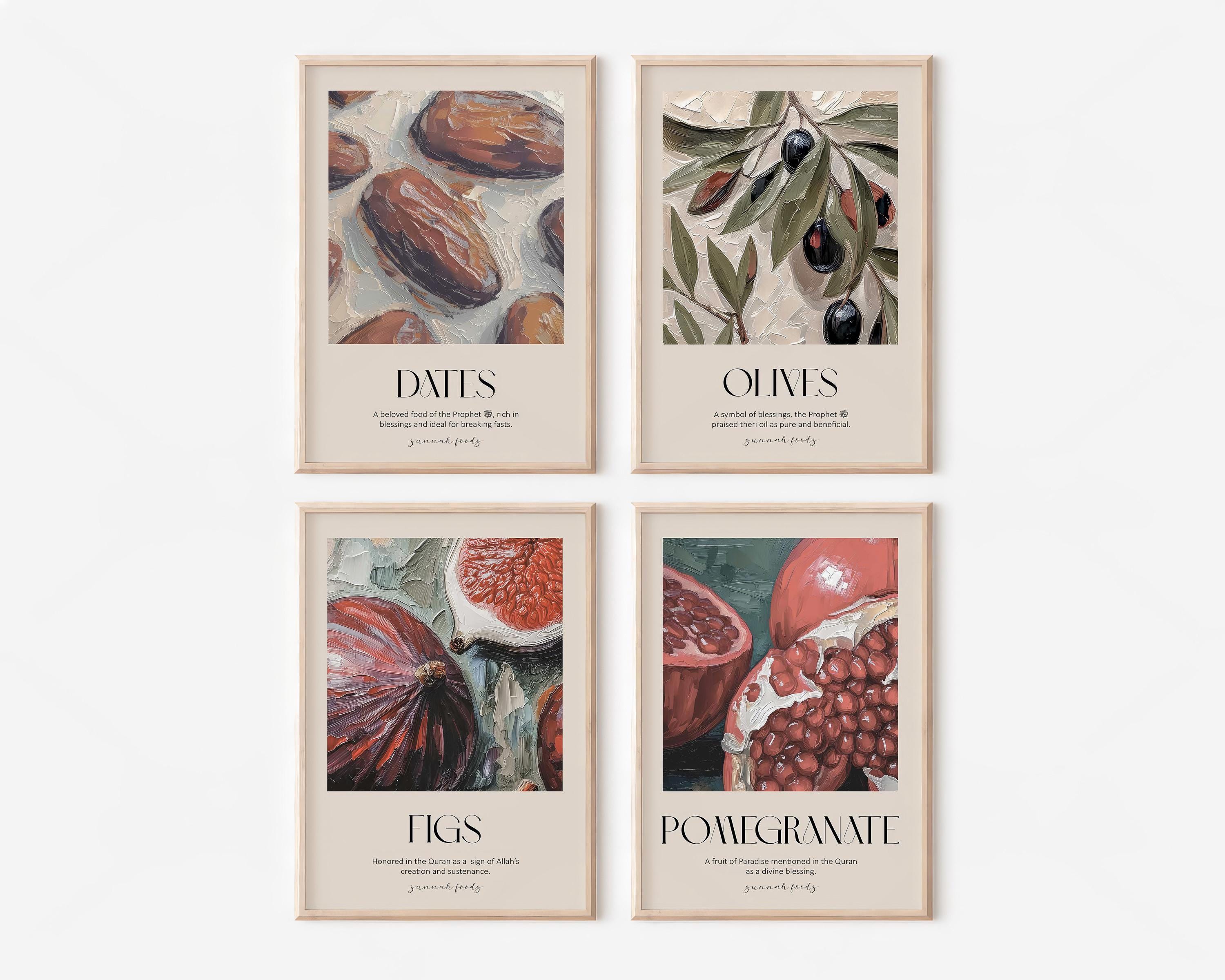 Set of 4 Islamic Art Posters – Sunnah Foods | Dates, Figs, Olives, Pomegranate | Islamic Wall Art | Kitchen Wall Decoration | Canvas Prints