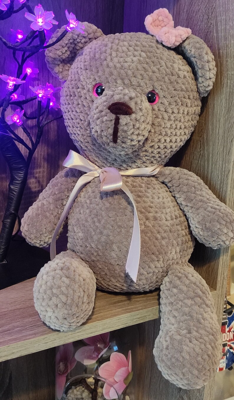 Handmade Crochet Teddy Bear Toy in Brown Jumpsuit and Pom-Pom Hat main image 1