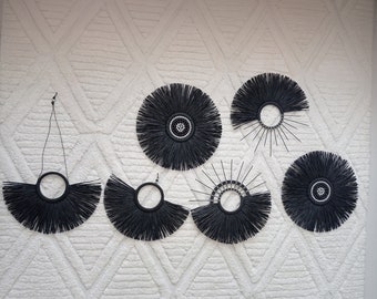 Handmade Raffia Wall Decoration, 6 Pieces Set, Bohemian Raffia Wall Art, Black Raffia Wall Hanging, Raffia Wall Decor, Home Decor, Raffia