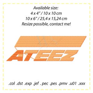 Può includere: Toppa ricamata arancione con la scritta "ATEEZ" in un design stilizzato. Disponibile nelle misure di 10 x 10 cm e 25,4 x 15,24 cm. L'immagine include anche le estensioni dei tipi di file.