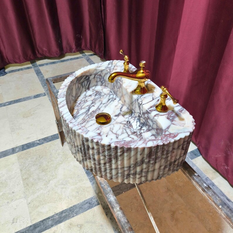 Calacatta Viola Marble Vessel Sink: Ribbed Stone Vanity Sink - Etsy
