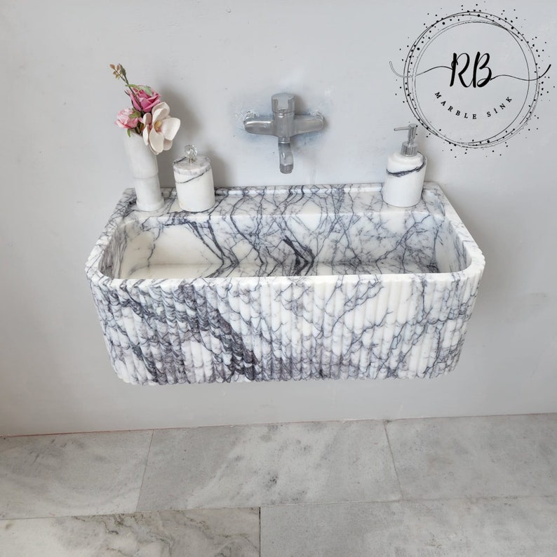 Lilac Marble Sink Hand Carved Round Corner Sink Ribbed Edges
Wall Mounted Bathroom Sink Natural Marble Farmhouse Sink