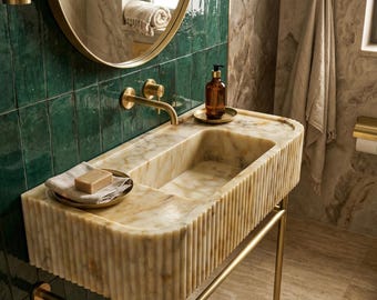 Calacatta Gold Marble Sink: Grooved Front, Luxury Stone Vessel