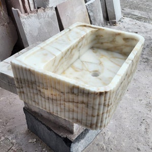 Calacatta Gold Marble Sink Natural Stone Front Ribbed Sink
Wall Mount Stone Vessel Sink Rectangular Vanity Sink Small Bathroom Sink