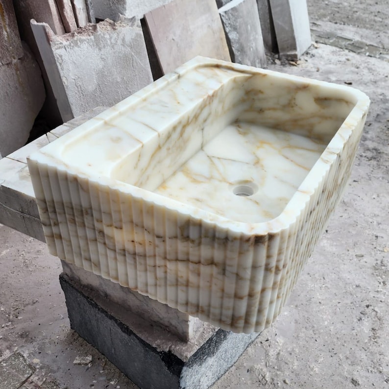 Calacatta Gold Marble Sink Natural Stone Front Ribbed Sink
Wall Mount Stone Vessel Sink Rectangular Vanity Sink Small Bathroom Sink