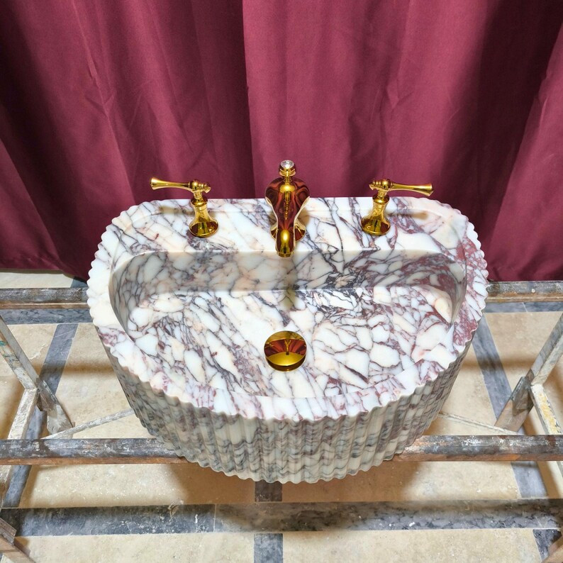 Calacatta Viola Marble Vessel Sink: Ribbed Stone Vanity Sink - Etsy