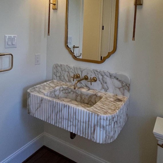 Calacatta Gold Marble Floating Sink with Backsplash - Honed Finish