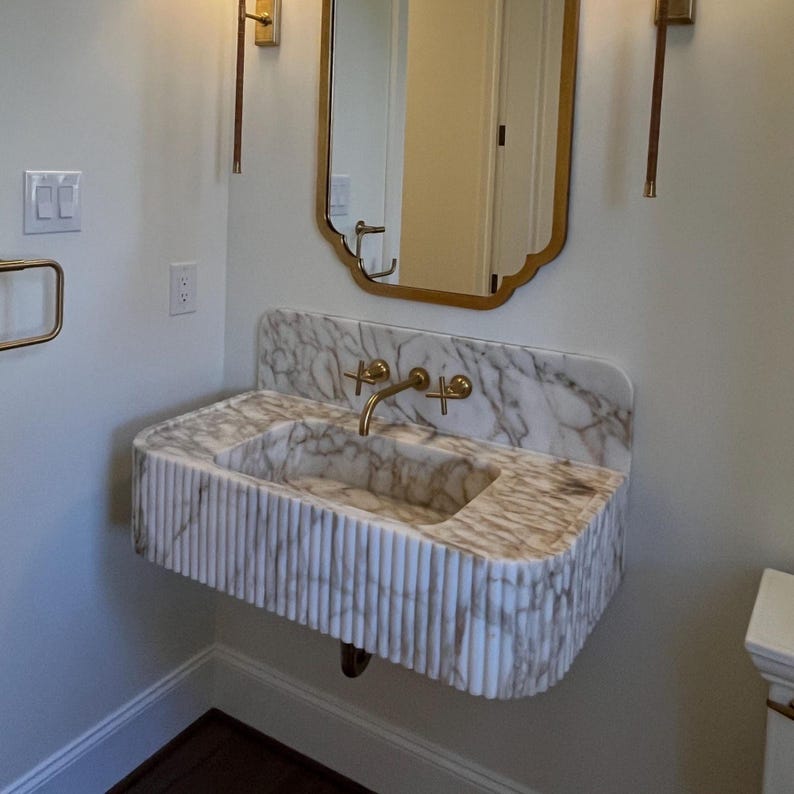 Calacatta Viola Marble Sink Floating Sink with Backsplash 
Marble Sink Vanity Powder Room Sink Wall Mounted Sink