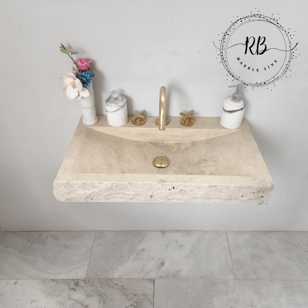 Travertine Marble Sink, Wall Mounted Stone Sink, Hand Carved Sink