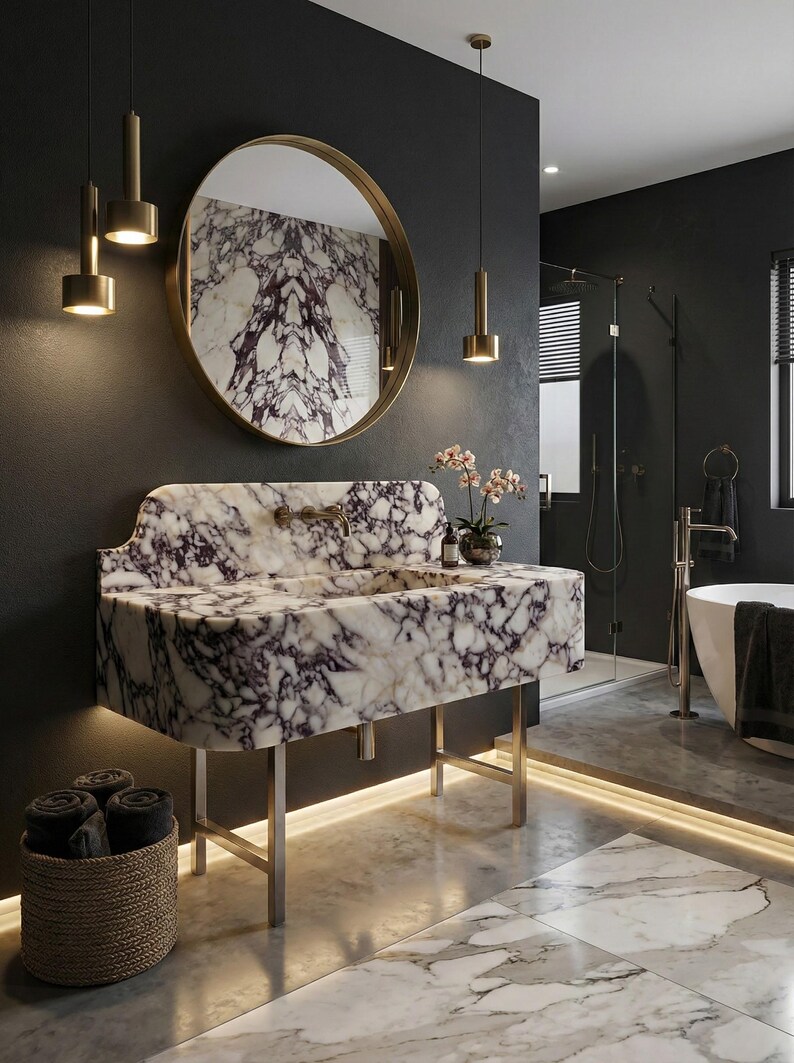 Calacatta Viola Marble Sink With Backsplash – Modern Rectangular Vanity ...