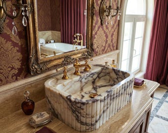 Calacatta Viola Marmor Waschbecken: Gerippte Bauernhaus Badezimmer Eitelkeit