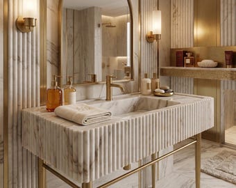 Calacatta Gold Marble Sink: Ribbed Front, Luxury Bathroom Vanity