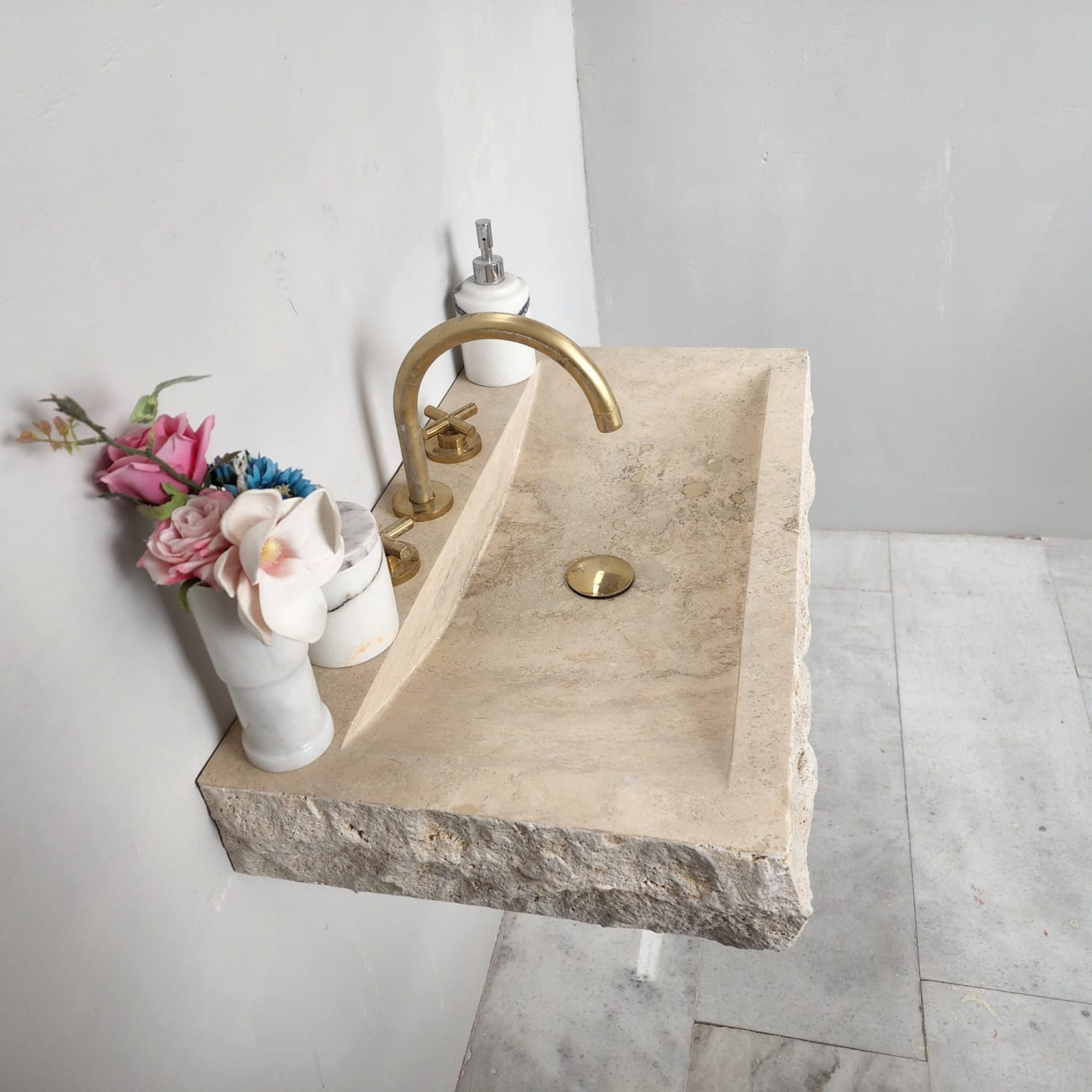 Travertine Marble Sink, Wall Mounted Stone Sink, Hand Carved Sink