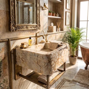 May include: A luxurious bathroom scene featuring a marble sink with a brass faucet and fixtures. The sink is mounted on a brass frame, with a shelf below for towels. A large ornate mirror hangs above the sink, and a potted plant adds a touch of greenery.