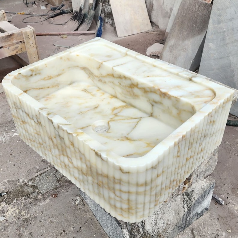 Calacatta Gold Marble Sink Natural Stone Front Ribbed Sink
Wall Mount Stone Vessel Sink Rectangular Vanity Sink Small Bathroom Sink