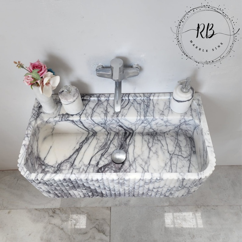 Lilac Marble Sink Hand Carved Round Corner Sink Ribbed Edges
Wall Mounted Bathroom Sink Natural Marble Farmhouse Sink