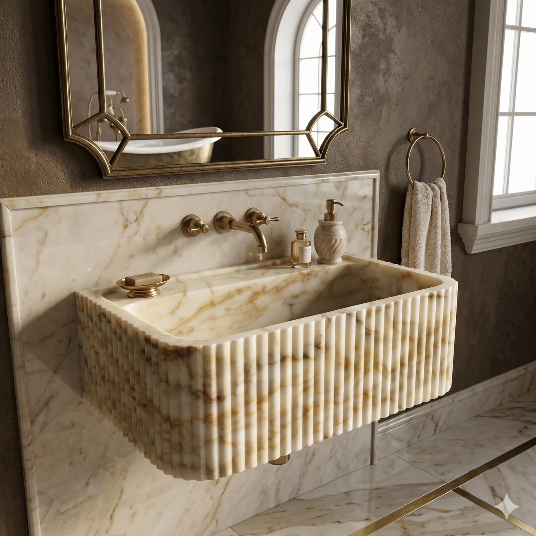 Calacatta Gold Marble Wall Mounted Sink Ribbed Front Rectangular Basin ...