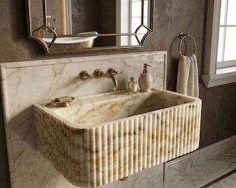 Calacatta Gold Marble Wall Mounted Sink Ribbed Front Rectangular Basin