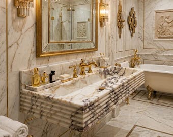 May include: A wall-mounted bathroom vanity sink crafted from white and grey veined marble with a fluted front design. The sink features gold-toned faucets, a matching marble tray with glass bottles, and is positioned beneath a gold-framed mirror.