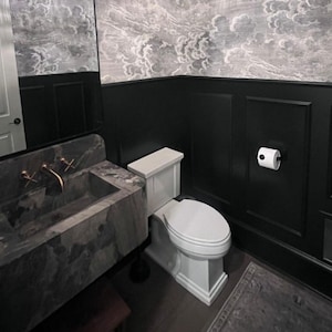 May include: A modern bathroom with a marble sink and gold fixtures. The walls are black with white paneling and a cloud-patterned wallpaper. A white toilet is positioned in the corner, and a roll of toilet paper is mounted on the wall.