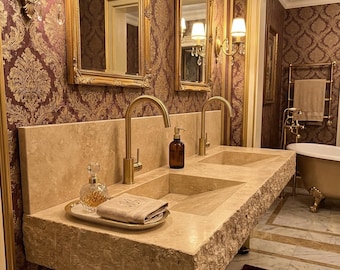 Travertine Double Sink with Backsplash – Handmade Natural Stone Vanity for Modern Bathrooms