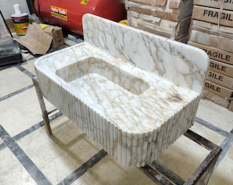 Calacatta Gold Marble Sink, Grooved Front, Backsplash Sink, Custom Marble Sink, Wall Mounted Sink, Hand Carved Sink, Natural Stone Sink