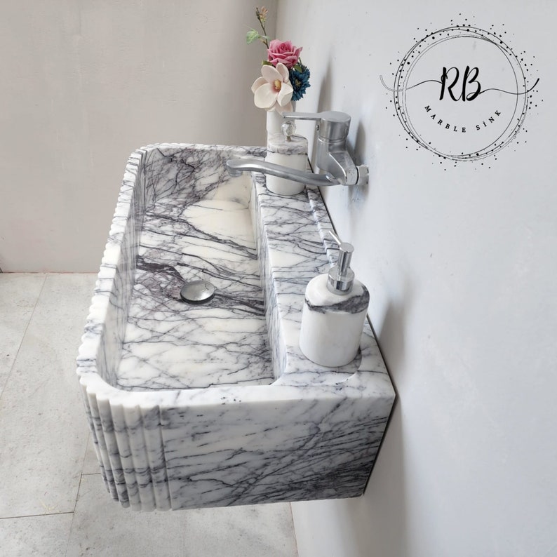 Lilac Marble Sink Hand Carved Round Corner Sink Ribbed Edges
Wall Mounted Bathroom Sink Natural Marble Farmhouse Sink