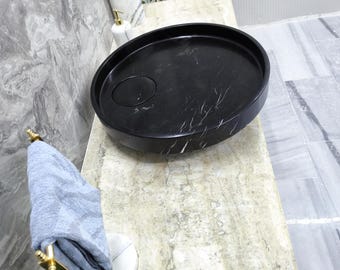 Nero Marquina Marble Vessel Sink – Round Black Bathroom Basin 56cm Modern Stone Vanity Bowl Ready to Ship