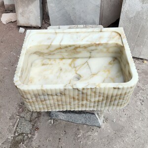 Calacatta Gold Marble Sink Natural Stone Front Ribbed Sink
Wall Mount Stone Vessel Sink Rectangular Vanity Sink Small Bathroom Sink