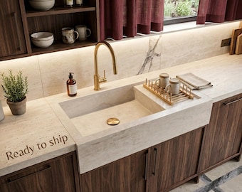 Handcrafted Travertine Vessel Sink: Modern Natural Stone Bathroom Sink (18x30x6)