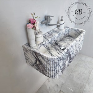 Lilac Marble Sink Hand Carved Round Corner Sink Ribbed Edges
Wall Mounted Bathroom Sink Natural Marble Farmhouse Sink
