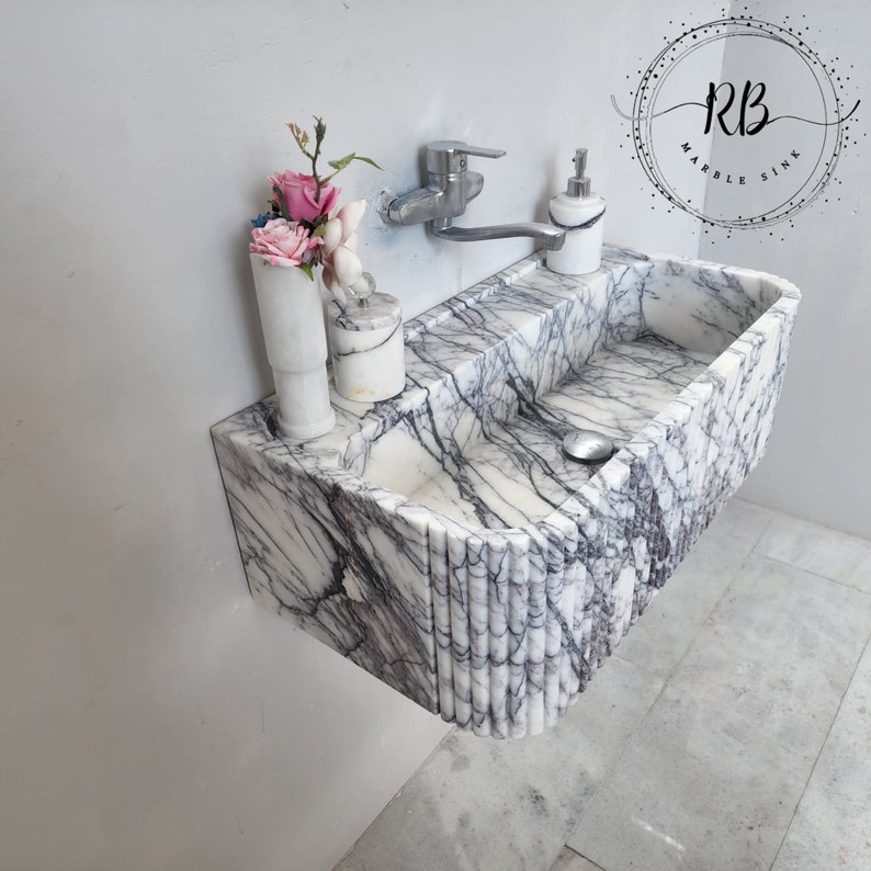 Lilac Marble Sink Hand Carved Round Corner Sink Ribbed Edges
Wall Mounted Bathroom Sink Natural Marble Farmhouse Sink