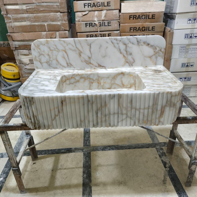 Calacatta Gold Marble Sink, Floating Sink With Backsplash, Marble Sink