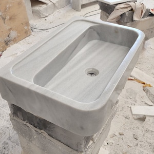 Carrara Marble Vessel Sink – Handmade Rectangular Bathroom Basin – Honed White Stone Vanity, Minimalist Design, Ready to Ship