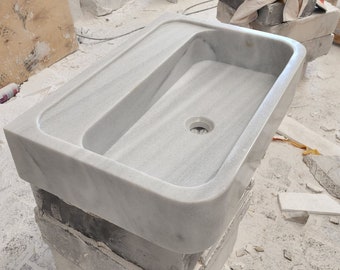 Lavabo-vasque fait main en marbre de Carrare : Lavabo rectangulaire en pierre blanche