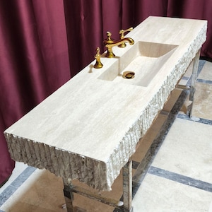 Hand-Carved Rustic Travertine Sink: Wall Mounted Marble Vanity