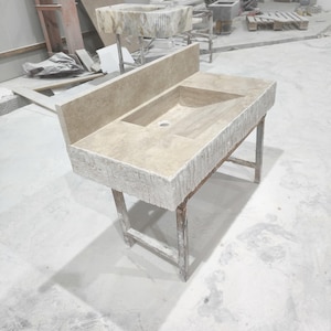 Handmade Travertine Marble Sink with Backsplash: Rustic Bathroom Vessel