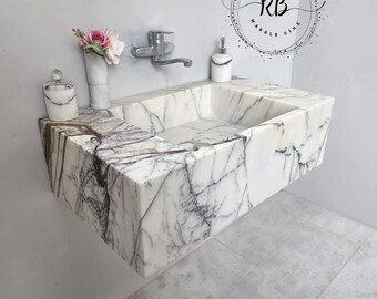 Lavabo de mármol blanco lila tallado a mano: Lavabo de piedra personalizado para baño