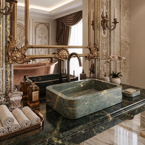Peut inclure: Un meuble de salle de bain luxueux avec un plan de travail en marbre vert et un &eacute;vier rectangulaire assorti. La vanit&eacute; comprend un grand miroir dor&eacute; orn&eacute;, un robinet en bronze et des serviettes roul&eacute;es. La pi&egrave;ce a un design classique et &eacute;l&eacute;gant. L'&eacute;vier mesure environ 60 cm de long.