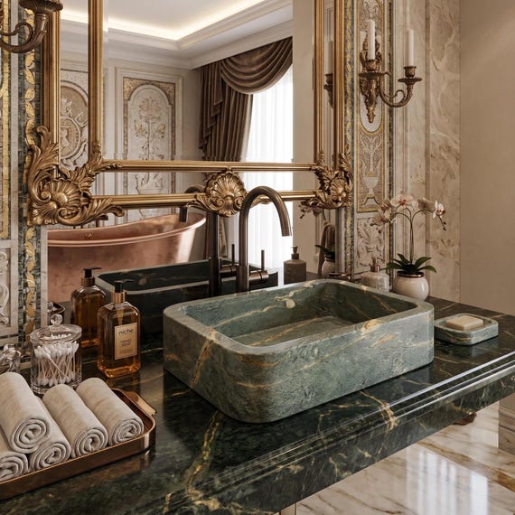 Green Marble Vessel Sink Natural Stone Bathroom Basin Rectangular